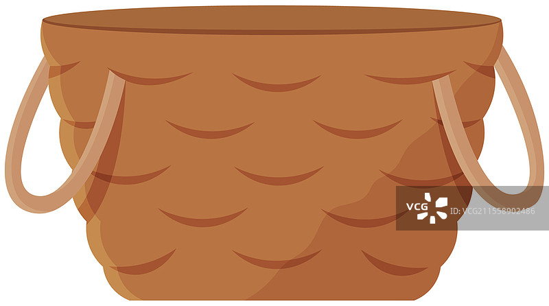 带把手的藤编篮子矢量卡通图标，独立于白色背景。用于洗衣存储的木制配件。手工制作的竹制圆形容器，浴室室内装饰设备。带把手的藤编篮子矢量卡通图标，独立于白色背景。图片素材