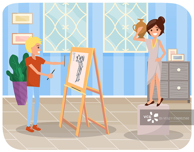 男画家微笑着用铅笔作画。手持花瓶的女性站在台上，为艺术家摆姿势。人们在创作艺术，绘制画作。男士在创意艺术工作室的画架旁站着。艺术家正在创作素描。男士微笑着用铅笔和画架作画。手持花瓶的女性站在台上，为艺术家摆姿势。图片素材