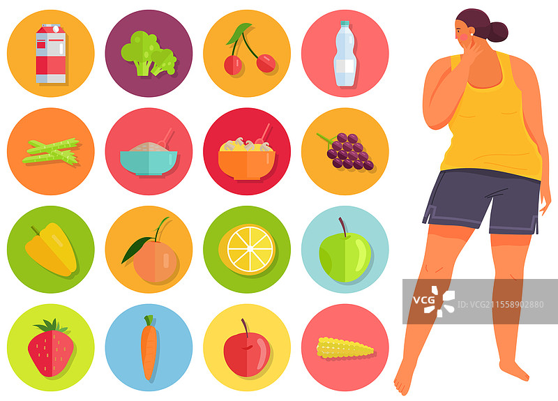 白色背景下的女性。超重女孩注视着水果和蔬菜的符号。女性角色研究天然新鲜产品。正确的营养和健康生活方式的概念。超重女孩注视着水果和蔬菜的符号。正确的营养和健康生活方式。图片素材