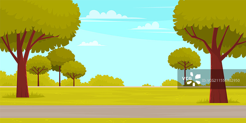 供休闲、散步和娱乐的公园。城市花园里有供休息的长椅、绿树和草坪。夏季美丽自然的风景，蓝天、平坦空旷的小路和草坪旁的人行道。供休闲、散步和娱乐的公园。城市花园里有供休息的长椅、绿树和草坪。图片素材