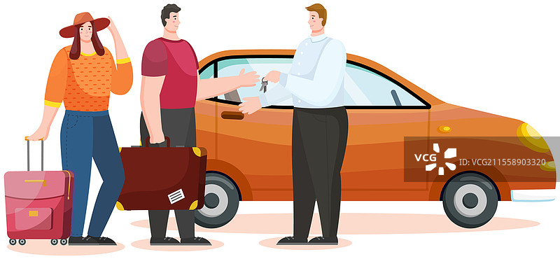 家庭租车和旅行。夫妇寻找冒险租用汽车。旅行者在移动中。预订和租赁汽车进行全球旅行。男士和女士与房东交谈。家庭租车和旅行。夫妇寻找冒险租用汽车。图片素材