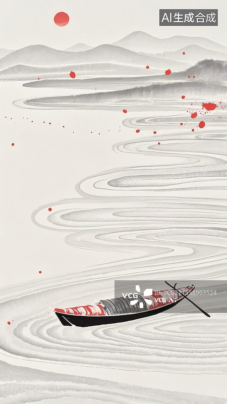【AI数字艺术】1. 扁舟泛江红日映远山2. 江波之上孤舟伴残阳 3. 残阳下孤舟漾于江波图片素材
