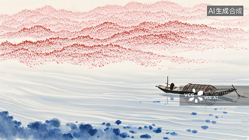 【AI数字艺术】1. 江上孤舟远 山间红意浓2. 扁舟泛江景 远山染秋红3. 江波孤舟影 远山红韵悠图片素材