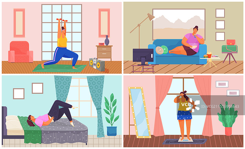 一组关于女性锻炼减肥的插图。超重女孩举哑铃、站在秤上、吃快餐、试衣服。肥胖人群的日常生活和日常习惯。图片素材