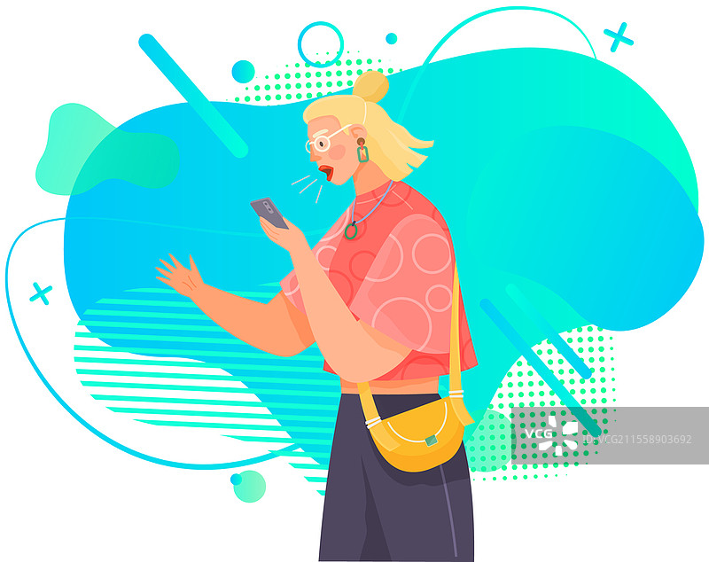 女性在散步时使用智能手机进行沟通。女角色使用移动设备通话。女士盯着屏幕，对着手机扬声器大喊。女孩与设备隔离。女性角色盯着屏幕，对着手机扬声器大喊，背景为白色。图片素材