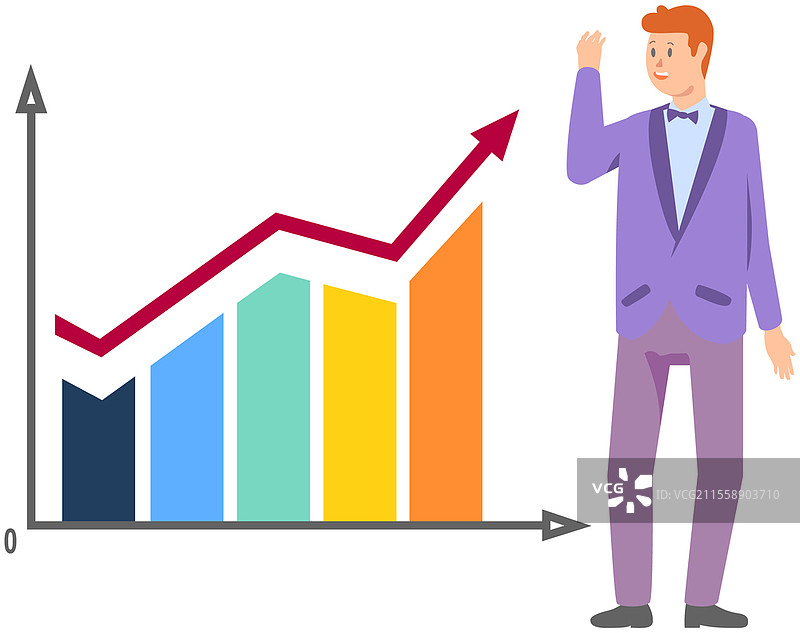 商人分析统计数据和商业指标。男性员工查看直方图上显示的统计计算，图上有箭头。该男子研究图表的增长。此人正在查看条形图。男性员工查看直方图上显示的统计计算。商人分析条形图。图片素材