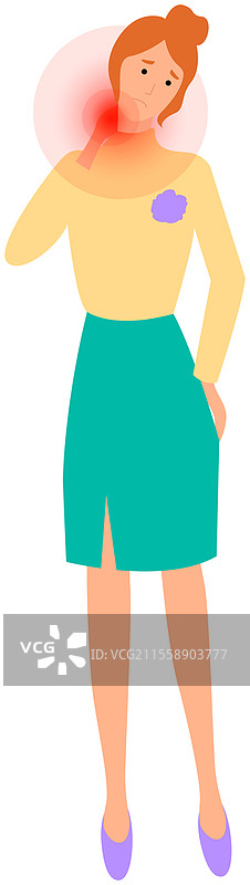 不快乐的女孩正在遭受颈部疼痛。沮丧的女性感到肌肉或关节受伤，孤立在白色背景上。伤心的女性角色触摸自己的身体。生病的人感到颈部疼痛。不快乐的女孩正在遭受颈部疼痛。沮丧的女性感到肌肉或关节受伤。图片素材