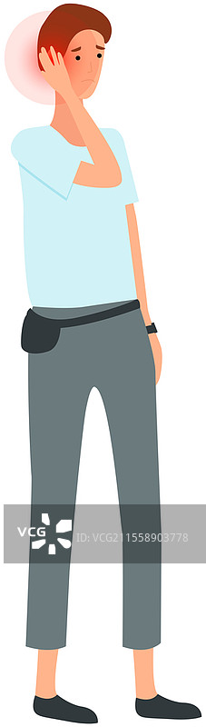 耳痛的男性角色捂着头。面露悲伤的男孩正在忍受耳朵的疼痛。生病的人感受到的痛苦。年轻男子用手抓住耳朵，表现出耳痛的症状。面露悲伤的男孩正在忍受耳朵的疼痛。耳痛的生病者感受到的痛苦。图片素材