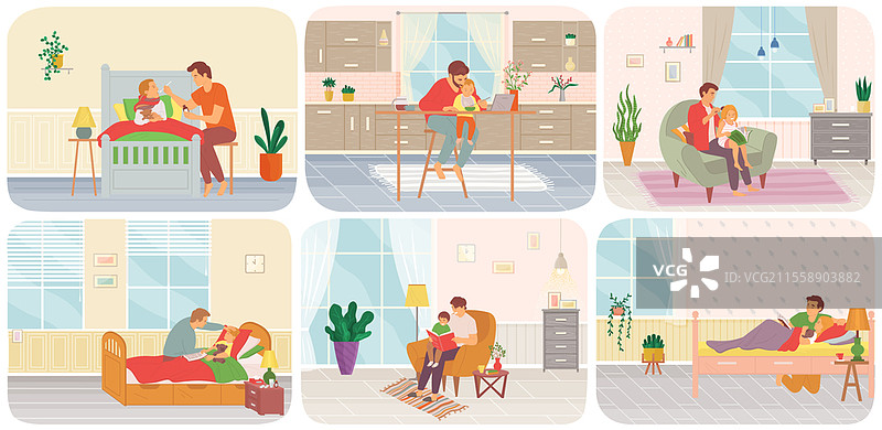 父亲照顾孩子的场景，爸爸们喂养、穿衣、散步和与孩子们玩耍。成人育儿概念，父亲身份。爸爸在育儿假期间阅读书籍并照顾生病的孩子。父亲照顾孩子的场景，爸爸们喂养、穿衣、散步和与孩子们玩耍。图片素材