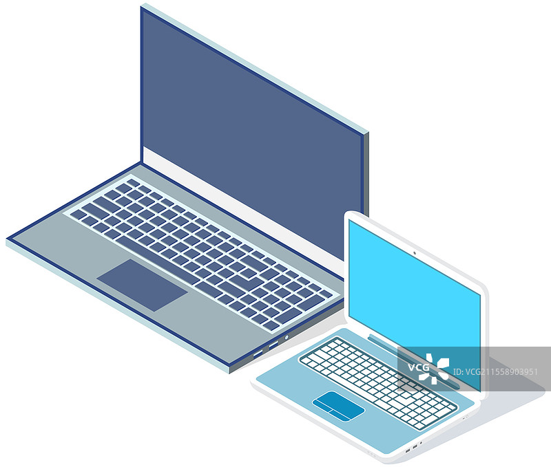 两台笔记本电脑孤立在白色背景上。现代数据处理设备。可折叠笔记本电脑，带有内置键盘和显示器的计算机。电子设备，工作用设备，计算机。可折叠笔记本电脑，带有内置键盘和显示器的电子设备，工作用设备。图片素材