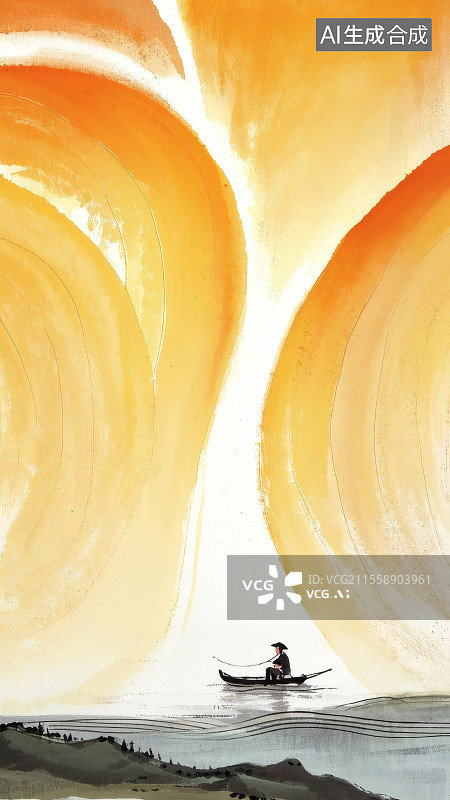 【AI数字艺术】孤舟泛于金波山水间图片素材
