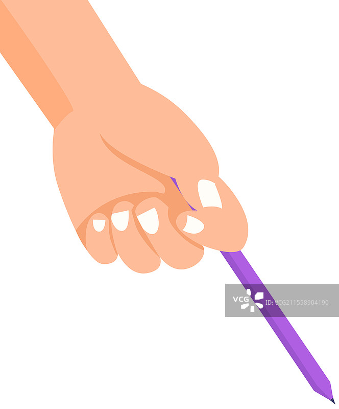 人手握着紫色钢笔，背景为白色。白色指甲的手指展示铅笔。用于书写和在纸上工作的削尖钢笔。铅笔的矢量插图。绘画用的文具。人手握着紫色钢笔，白色指甲的手指用铅笔书写。图片素材