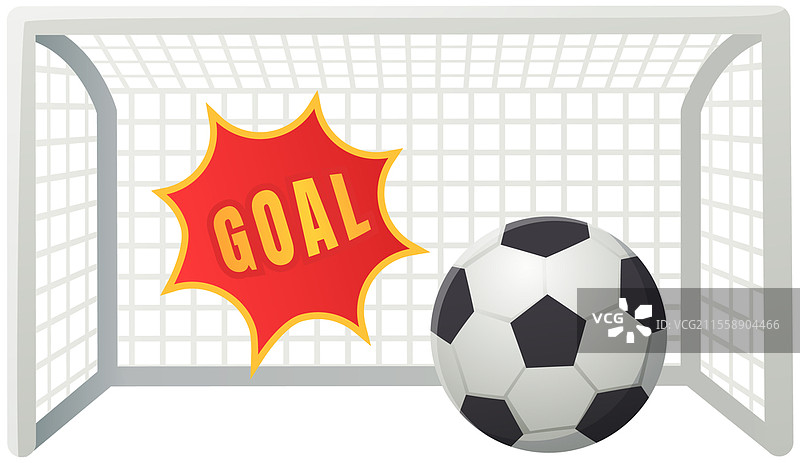 足球门与球的矢量插图，带有卡通文字气泡，足球。皮球在获胜一击后飞入球网。比赛，足球锦标赛概念。足球门与球的扁平矢量插图，带有卡通文字气泡，足球。图片素材