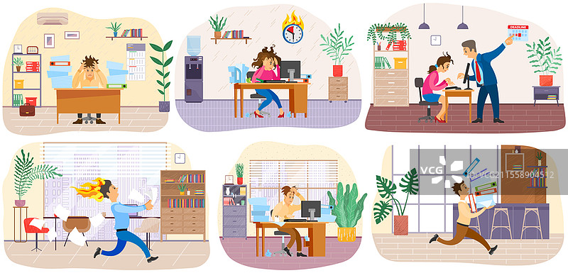 一组关于办公室员工匆忙完成任务的插图。紧张的员工在工作。人们奔跑、急忙处理文件以应对截止日期。由于截止日期，办公室内一片混乱和忙碌。图片素材