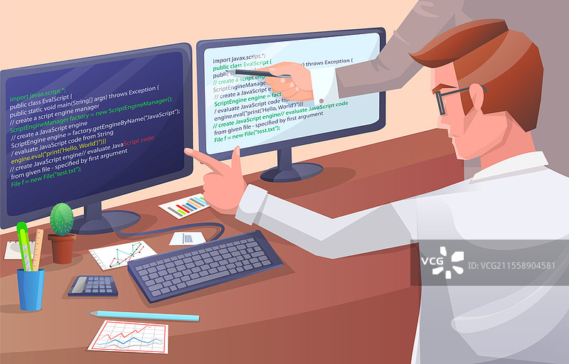 办公室工作人员坐在桌子前，面前有电脑。商人或文员在办公桌上工作，程序员正在编写程序代码。系统管理员在办公室工作，使用数据处理器。办公室工作人员坐在桌子前，面前有电脑。程序员在编写程序代码，指向显示屏。图片素材
