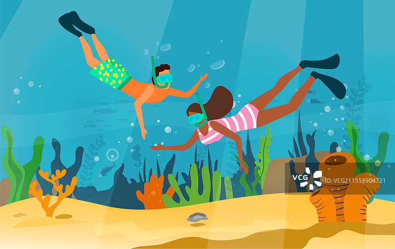 男女潜水员在水下世界中探索鱼类、珊瑚和礁石。人们潜水观察水下生物。情侣带着浮潜装备在珊瑚礁附近游泳，海边度假。男女潜水员在水下世界中探索。情侣在珊瑚礁附近游泳，海边度假。图片素材