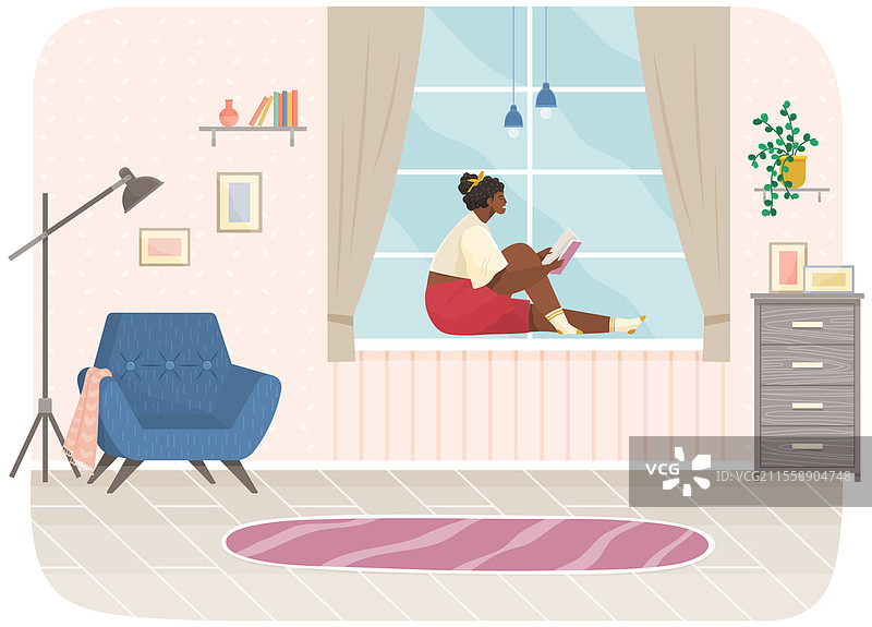 年轻女性坐在家中的窗台上，望着窗外，放松地阅读书籍，享受傍晚时光。女性角色在舒适的室内休息，度过闲暇时光，梦想，工作后放松。图片素材