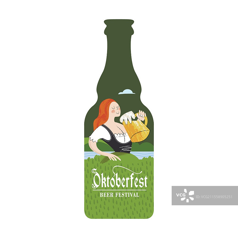 一瓶啤酒。一位穿着德国民族服装的德国女孩正在用一个巨大的啤酒杯喝啤酒。慕尼黑啤酒节，传统的啤酒节。啤酒瓶。矢量彩色插图。啤酒节，慕尼黑啤酒节。图片素材