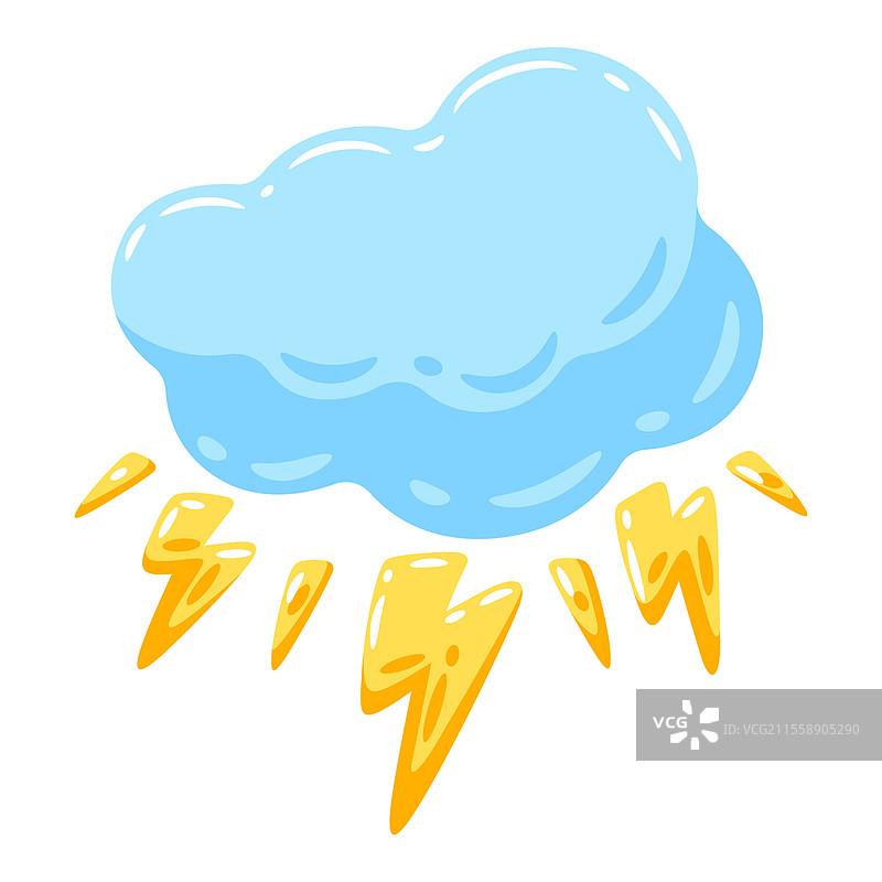 蓝色云朵和闪电的插图。可爱的卡通自然现象图像。图片素材