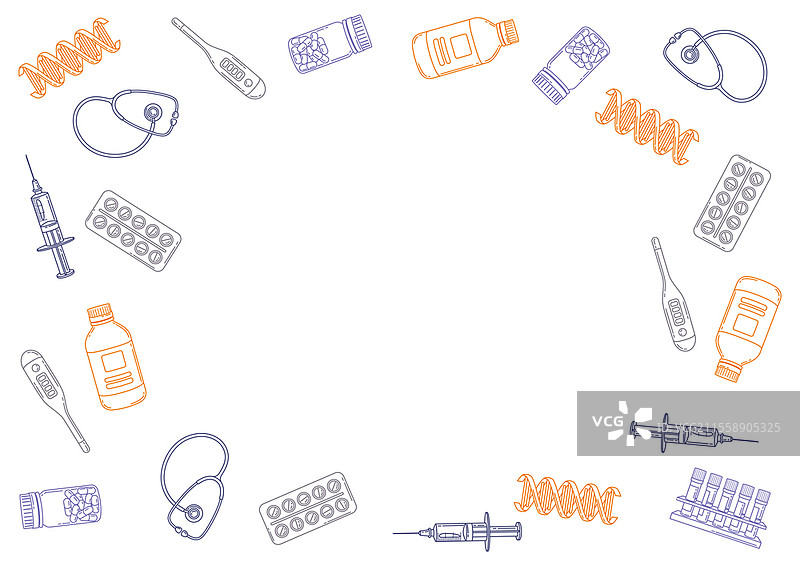 带有医疗和健康物品的框架。药房和医院的设备和符号。带有医疗和健康物品的框架。药房和医院的设备。图片素材