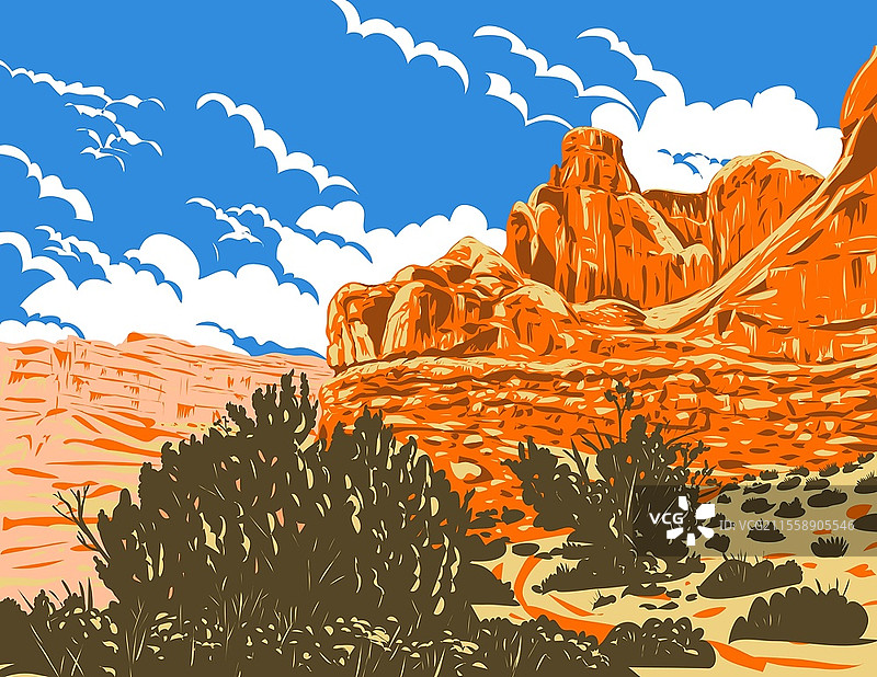 阿尔奇斯国家公园入口路上的公园大道小径的WPA海报艺术，位于美国犹他州莫阿布，采用工作项目管理风格。图片素材