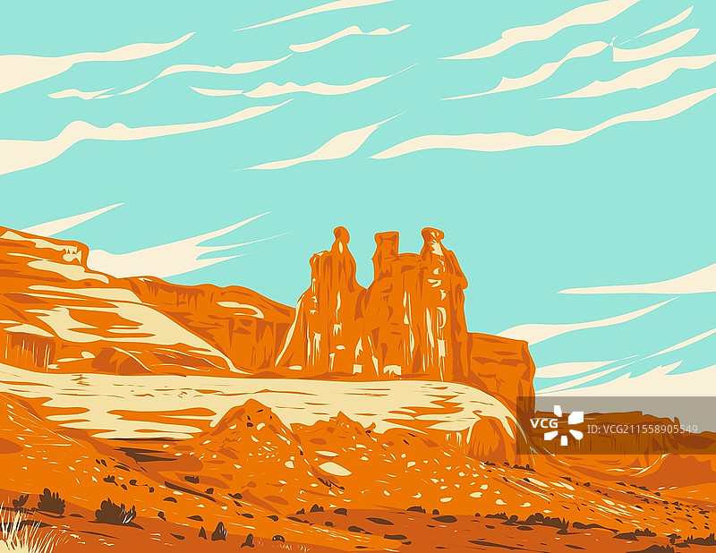 在美国犹他州摩押的拱门国家公园内，法院塔群中的三位闲聊者砂岩塔，位于基座之上，采用工作项目管理风格的海报艺术。图片素材