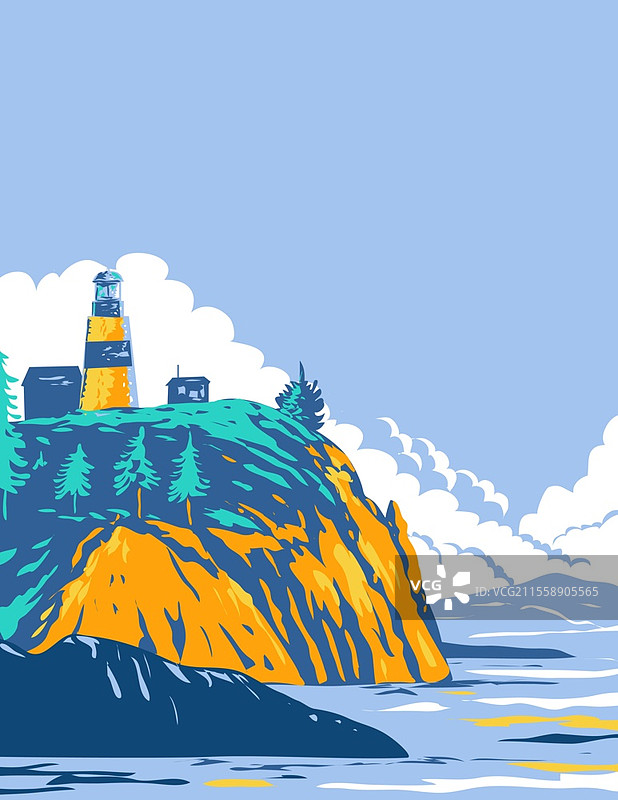 哥伦比亚河入海口的失望角，灯塔坐落在华盛顿州西部的悬崖上，采用工作项目管理风格的海报艺术。图片素材