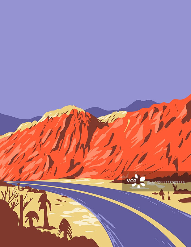 莫哈维沙漠内红岩峡谷国家保护区的WPA海报艺术，展现了红色砂岩峰和内华达州的基石断层。图片素材