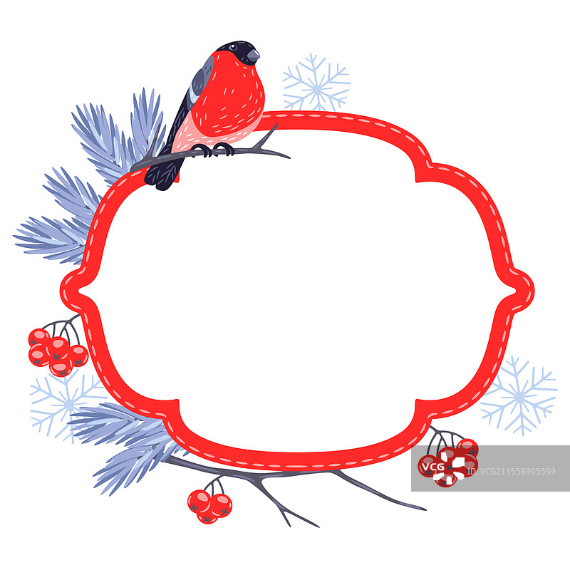 冬季框架，带有鸟类红腹锦鸡儿和植物。圣诞快乐，新年快乐贺卡。节日设计。图片素材