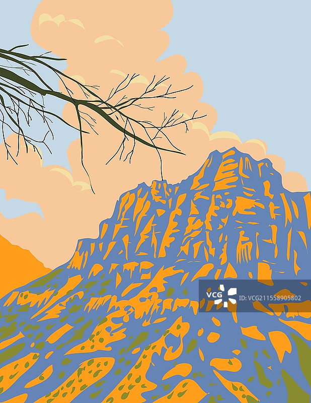 犹他州斯普林代尔的锡安国家公园，锡安峡谷和纳瓦霍砂岩山脉的WPA海报艺术，采用工作项目管理风格。图片素材