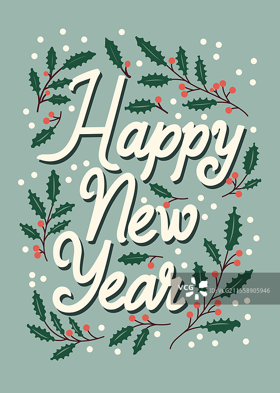 新年快乐手写字母竖版贺卡，配有圣诞装饰和星星。色彩缤纷的节日插图图片素材
