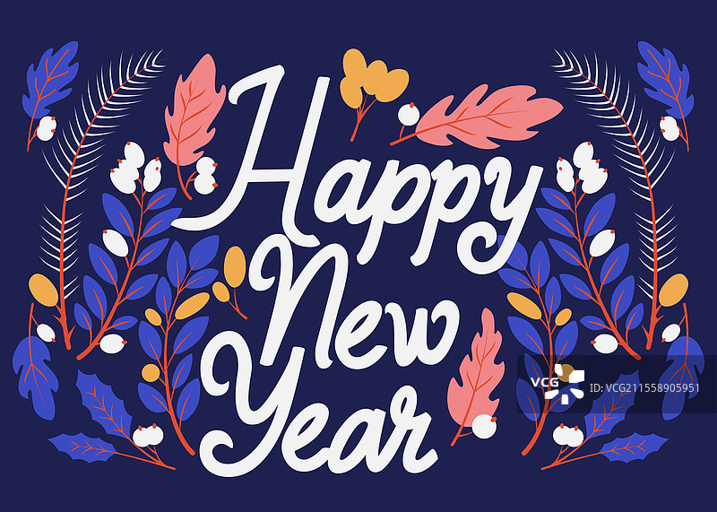 新年快乐手写字横幅卡片，配有圣诞装饰和星星。色彩缤纷的节日插图图片素材