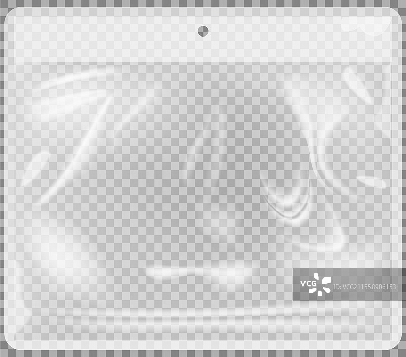 透明塑料袋矢量插图。拉伸的光泽聚乙烯模型。透明背景下的塑料包装。用于存储和携带物品的聚乙烯包装。图片素材
