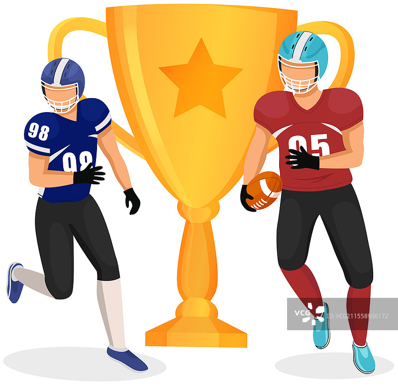 奔跑的美式足球运动员卡通矢量体育角色，穿着制服和头盔。比赛竞争与场上的对抗。专业运动员在体育场为冠军赛进行训练。图片素材