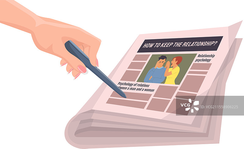 女人的手用笔指向一份关于心理学的新出版物，背景为白色。报纸上有关于如何去维持关系的标题。女人的手用笔指向这份关于关系的文章和报纸。图片素材