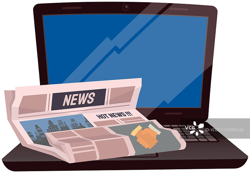 带有新鲜新闻的纸质出版物。关于商业、城市生活的文章、报纸，背景是笔记本电脑。带有热门新闻标题的报纸。纸质国家事务报告矢量插图。关于商业、城市生活、国家事务的文章、报纸，背景是笔记本电脑。图片素材