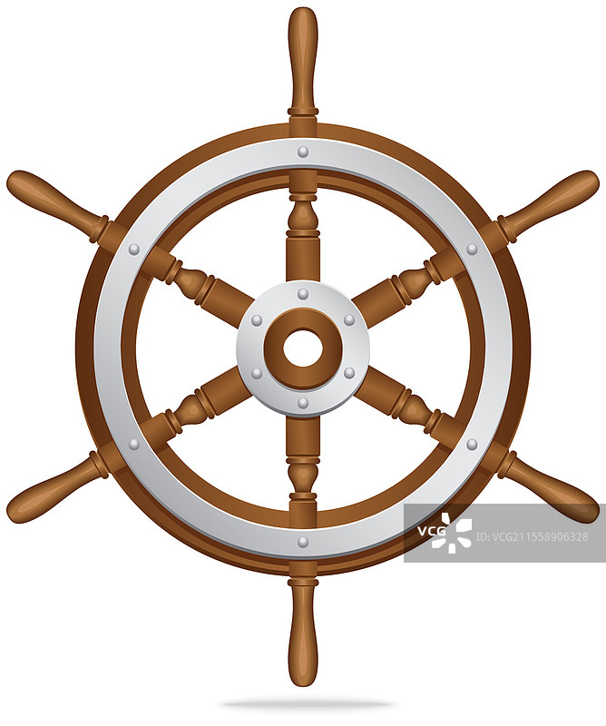 海洋冒险与旅游物品。用于指引船只方向的木质和金属舵轮，孤立在白色背景上。航海巡游与海上旅行。船只控制的舵。白色背景上的木质舵轮。船只控制的舵。冒险海上旅行。图片素材