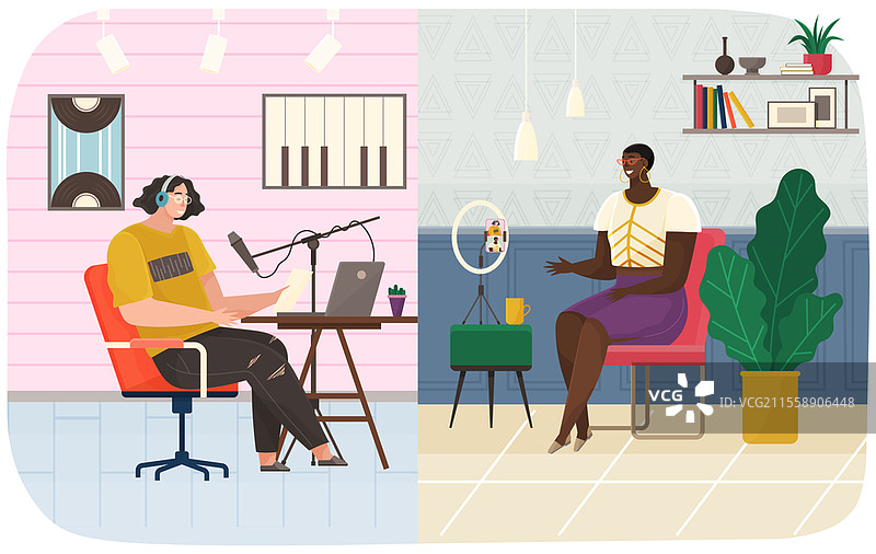 人们正在录制播客，这是创建和分发音频或视频的过程。广播或电视节目，创建文件或流媒体。播客可以在听众方便的时间和地点通过互联网播放。广播或电视节目的概念。人们正在录制播客，进行现场广播的过程。图片素材