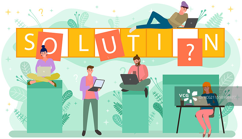 人们在梯子上攀爬的矢量图，工人们寻找问题的解决方案，商业项目活动。带有文字的海报，扁平风格的单词。团队在收集“解决方案”这个词，使用笔记本电脑工作。团队与笔记本电脑一起收集“解决方案”这个词。人们在梯子上攀爬，商业项目活动。图片素材