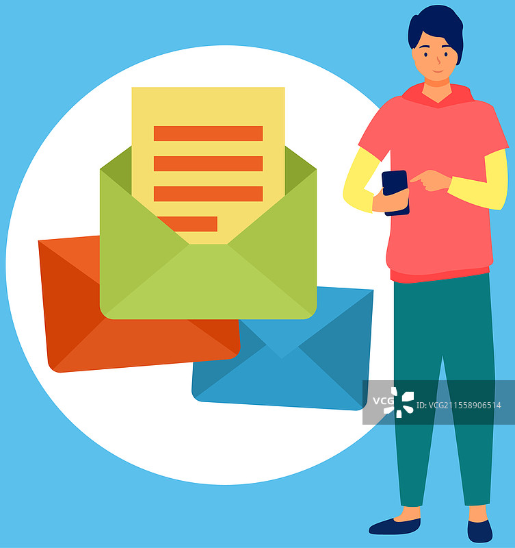 男子站着用手机在社交网络上分享帖子和新闻，与朋友聊天，发送消息，做笔记。这个年轻人手持智能手机，转发视频和新闻。图片素材