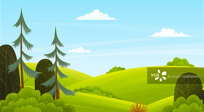 自然风景背景，山丘、湛蓝的天空和云朵，长满草的绿色小丘，森林中的树木和灌木。美丽的原始自然旅游区，夏季，冒险时光。图片素材