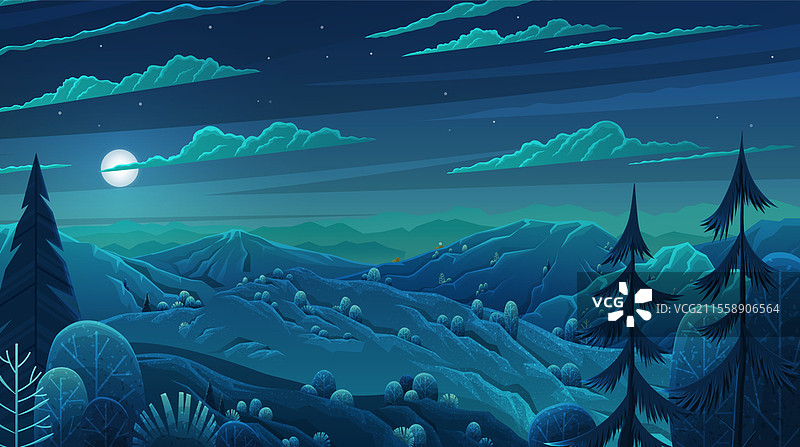 自然夜景背景，山丘、深蓝色的天空和云朵，草丛、树木和灌木丛覆盖的山丘。美丽的原始自然旅游区，夏季，冒险时光。图片素材