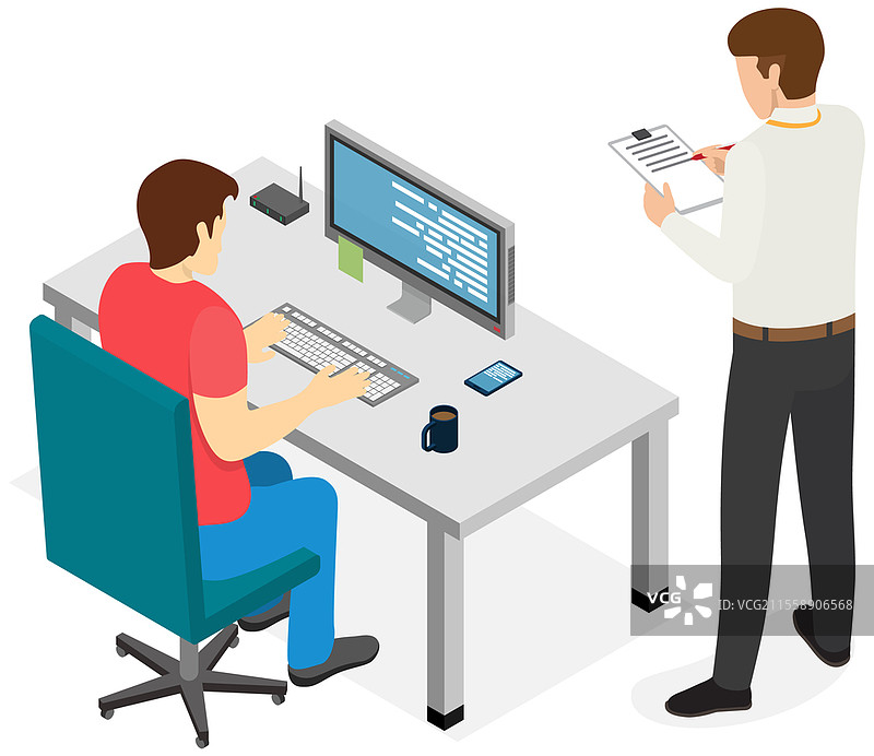 男子坐着在电脑上打字。老板站在员工旁边，监督工作过程。主管控制下属的工作，并在夹板上做笔记。男性团队在电脑上工作。主管控制下属的工作，并在夹板上做笔记。老板在监督员工。图片素材