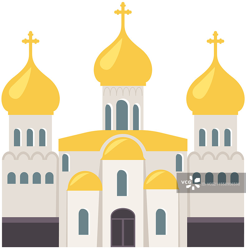 孤立在白色背景上的古老东正教教堂。经典大教堂插图的寺庙矢量图。古代建筑风格的宗教建筑，传统的祈祷房屋，屋顶上的十字架圆顶。孤立在白色背景上的古老东正教教堂。卡通风格的经典大教堂插图。图片素材