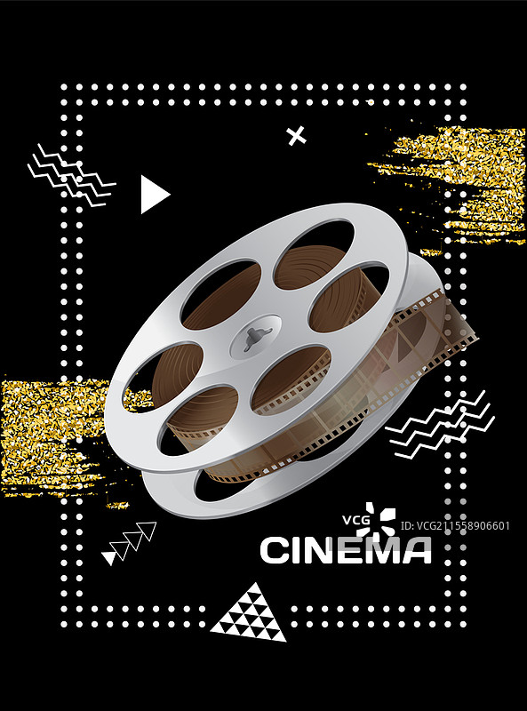 电影海报，摄影胶卷缠绕在卷轴上，复古风格的矢量平面元素。独立图标的电影胶卷，带有录制的胶带，电影摄影复古照片卷带有画框。图片素材