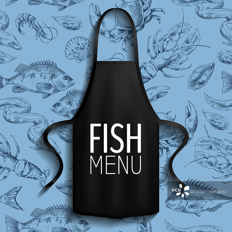 餐厅烹饪海鲜的保护服装。烹饪海鲜的服装。带有鱼类菜单字样的围裙。厨房保护衣物的围裙。新鱼餐厅的广告。保护服装，餐厅烹饪海鲜的服装。带有鱼类菜单字样的围裙。图片素材