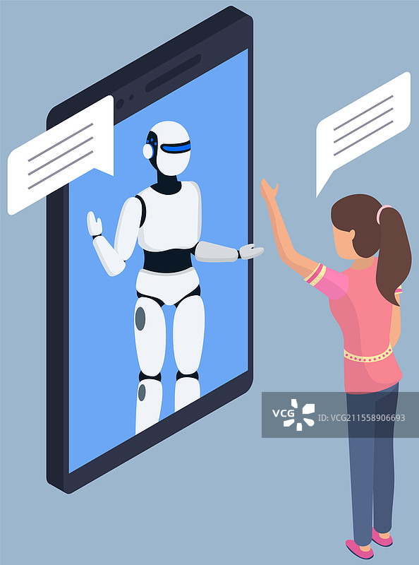 机器人开发，屏幕上的机器人。女性与人工智能沟通。自动化人工智能设备与女孩对话。智能手机上的机器人沟通应用。智能手机上的机器人沟通应用，与人工智能的对话。图片素材
