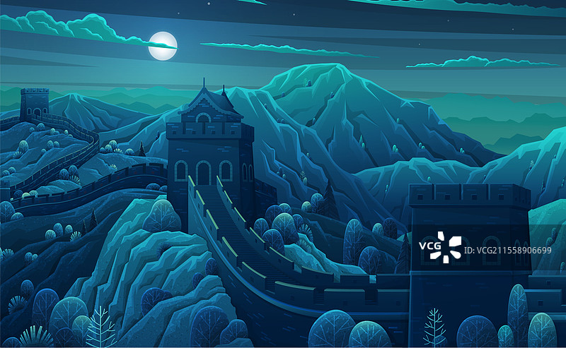 世界著名地标 - 美丽的夜景长城，宏伟的巨型建筑。中国著名景点，绿山上的瞭望塔和墙段，适合旅游观光。图片素材