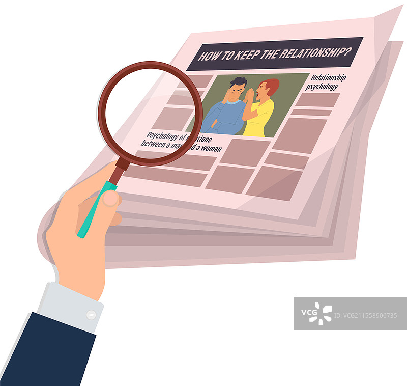 复古的关系心理学报纸。新闻文章，旧设计的新闻印刷杂志。印刷文本在印刷机上。带有标题的宣传册报纸页面。纸质复古期刊矢量磨损模板。图片素材