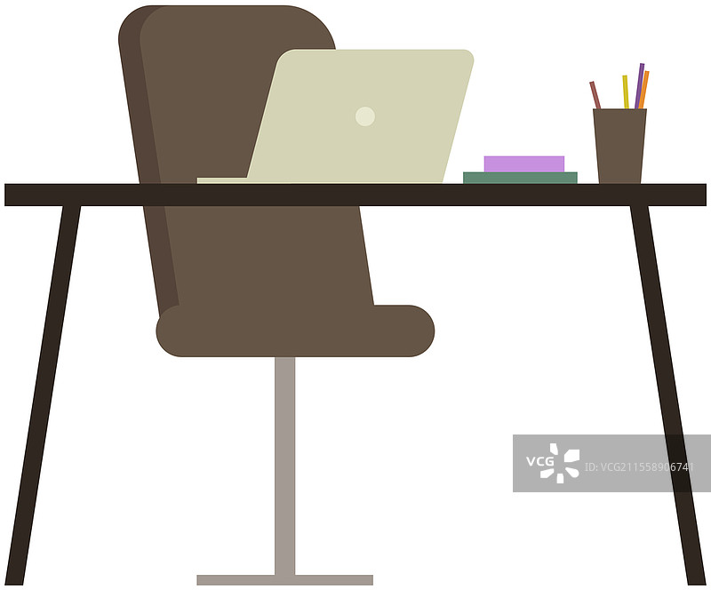 现代工作场所扁平设计。办公椅和办公桌。员工或办公室工作人员的家具和设备，矢量室内工作空间。商务和家庭工作柜设备。现代工作场所扁平设计。办公椅和办公桌。图片素材